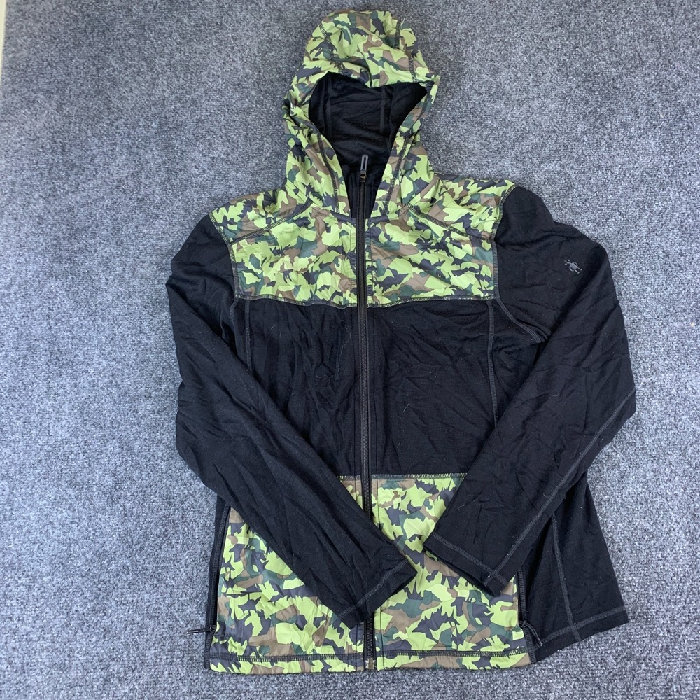 Smartwool Merino 250 Sport Pattern Hoodie Mens M Black Green Camouflage Full Zip